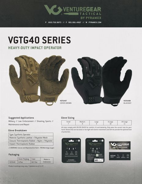 Тактичні рукавиці протиударні Venture Gear Tactical VGTG40 Heavy-Duty Impact Operator, чорні VGTG40B фото